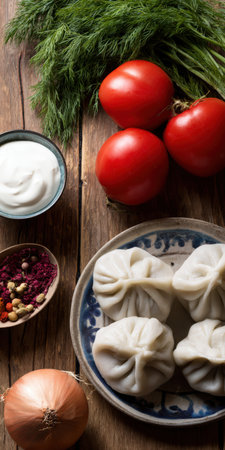 Plate of traditional khinkali dumplings, garnished with fresh dill, red tomatoes, an onion, sour cream, and spices, resting on a brown rustic wooden table, representing Georgian cuisineの素材