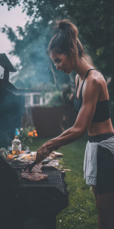 Young woman flips a sizzling steak on a smoking grill in her backyard, enjoying a casual summer barbecue with friends, warm weather, smoke, and relaxed outdoor cookingの素材