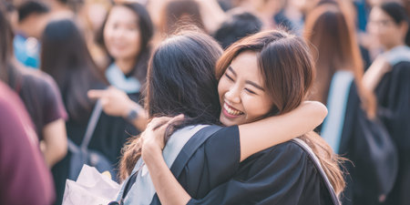 Young Asian women celebrating their academic achievement, embracing after a university graduation ceremony, feeling joy and friendship during this important milestoneの素材