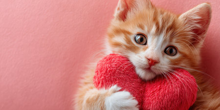 Fluffy ginger kitten with big eyes holding a soft red heart toy, expressing affection and warmth against a pastel pink background, symbolizing love and companionshipの素材