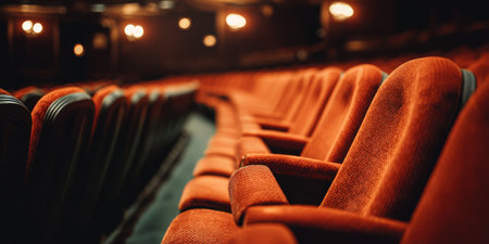 Rows of luxurious red velvet seats are waiting for an audience in an empty theater hall with atmospheric lighting, representing anticipation and entertainmentの素材