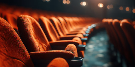 Rows of plush red velvet seats filling a dark, vacant movie theater auditorium, creating a sense of anticipation and quiet solitude before a film screening or live performanceの素材
