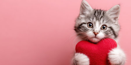 Kitten is holding a soft red heart with its paws, expressing affection and bringing joy, suitable for themes of valentines day, pets, and love against a pink backgroundの素材