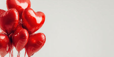 Red heart shaped foil balloons symbolizing celebrating love, romance, and special occasions like valentine's day, party, birthday, wedding, anniversary, or a romantic gesture on a clean backgroundの素材