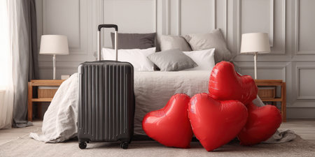 Luggage stands in a stylish hotel bedroom with red heart-shaped balloons and a comfortable bed, suggesting a romantic getaway, honeymoon, or valentine's day celebration tripの素材