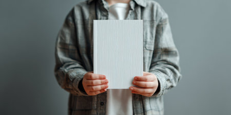 Hands holding a blank white book against a neutral gray background, minimalist mockup for design, publishing, education or branding with generous copy space for text or artworkの素材