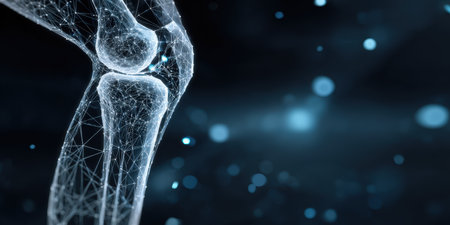 Human knee joint rendered as a glowing digital network on a dark background, blending orthopedic anatomy, medical scanning and futuristic healthcare technology for diagnosis and researchの素材