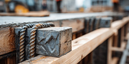 Corroded rebar holding concrete spacers and wooden formwork, creating a strong foundation structure on an active building construction site, emphasizing new development and engineeringの素材
