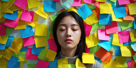 Young woman lying amidst colorful sticky notes, eyes closed and appearing overwhelmed, symbolizing information overload, stress, and the need for mental restの素材