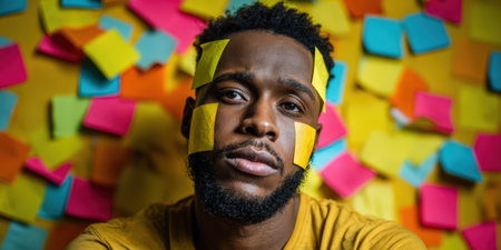 Young man with sticky notes on his face looking tired and overwhelmed against a background filled with many colorful notes, illustrating workplace stress and burnoutの素材