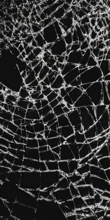 Broken glass forming an intricate network of cracks and lines on a dark background, illustrating concepts of damage, destruction, and fragmentation as an abstract textureの素材