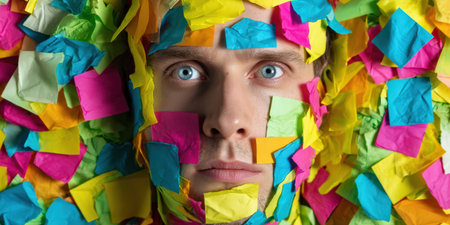 Man feeling overwhelmed and stressed with tasks, his face and head covered in bright, crumpled sticky notes, symbolizing information overload and chaotic multitasking in a busy environmentの素材