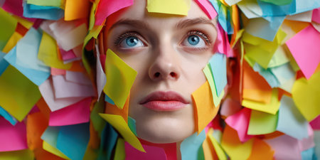 Woman's head and face covered in numerous colorful sticky notes, visualizing concepts of stress, information overload, multitasking, and feeling overwhelmed by constant reminders and tasksの素材