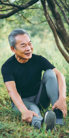 Senior asian man happily stretching his leg while sitting on green grass under tree branches, enjoying a relaxing fitness moment outdoors with a pleased expressionの素材