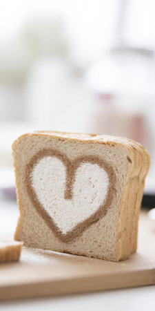 White and brown heart-shaped bread loaf standing on a wooden cutting board, symbolizing love, care, and healthy eating for a cozy breakfast or romantic mealの素材