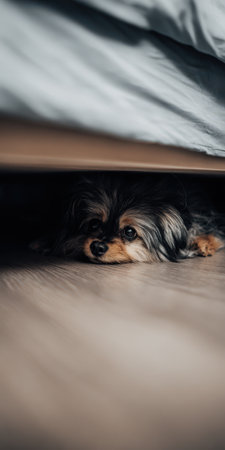 Small dog lying on a wooden floor in a dimly lit room, timidly looking from under the bedspread, depicting fear, anxiety, and shyness in a domestic petの素材