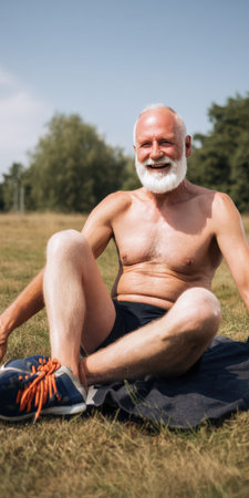 Senior man with white beard sitting shirtless on a mat in sunlit grass, smiling and relaxed while enjoying outdoor fitness, healthy aging and carefree well-beingの素材