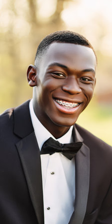 Young black man celebrating a special occasion, standing outdoors and smiling widely, expressing happiness and pride while wearing a tuxedo and showing bracesの素材