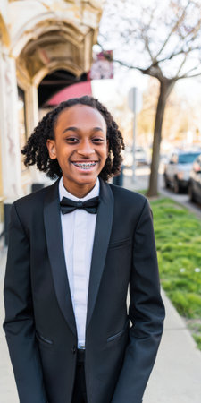 Young black boy wearing a black tuxedo and bow tie, smiling broadly, standing on a sidewalk in an urban setting with a building and trees in the backgroundの素材
