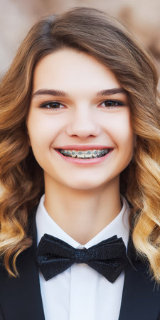 Young woman with metal orthodontic braces smiling confidently in a white shirt and black bow tie, close-up portrait conveying cheerful, healthy dental care and youthful styleの素材