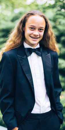 Teenager boy with long brown hair wearing a formal black tuxedo with a white pleated shirt and bow tie, standing and smiling for a portrait against a green outdoor backgroundの素材