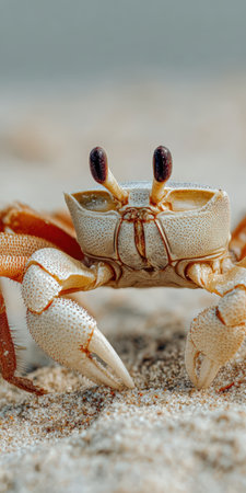 Ghost crab with large stalked eyes and pincers standing alert on a tropical sandy beach, showcasing coastal wildlife and marine life in a close-up vertical aspectの素材