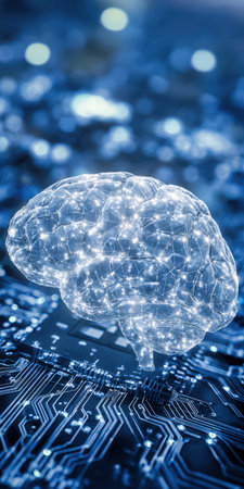 Glowing digital brain merging with a circuit board, illustrating ai and machine learning in a neural network environment for futuristic computing, robotics, and data-driven intelligenceの素材