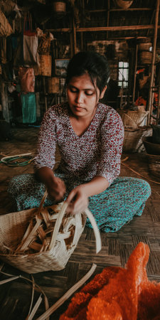 Woman sitting on floor weaving a traditional handmade basket using natural materials, demonstrating artisan skill and craft in an authentic workshop settingの素材