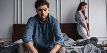 Young man sitting on bed feeling sad and stressed while woman stands in background, illustrating emotional distance and communication issues in a troubled relationshipの素材
