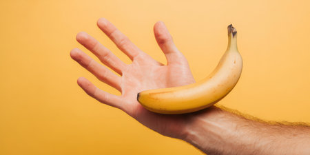 Human hand holding a single ripe yellow banana against a vibrant yellow background, presenting healthy eating, organic food, and tropical fruit concepts with copy spaceの素材