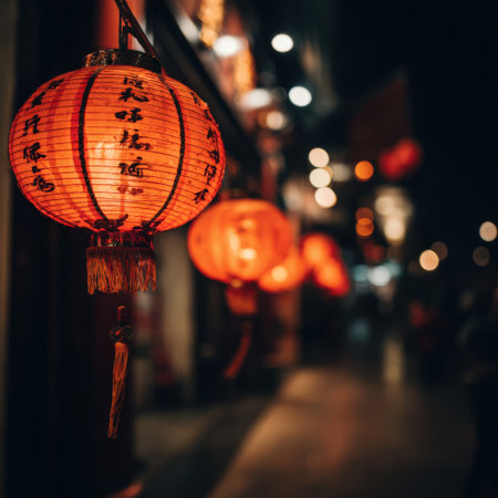 Chinese red lanterns with traditional script are hanging in a row, illuminating a vibrant street scene at night during a cultural festival, creating a festive atmosphere with bokeh lightsの素材