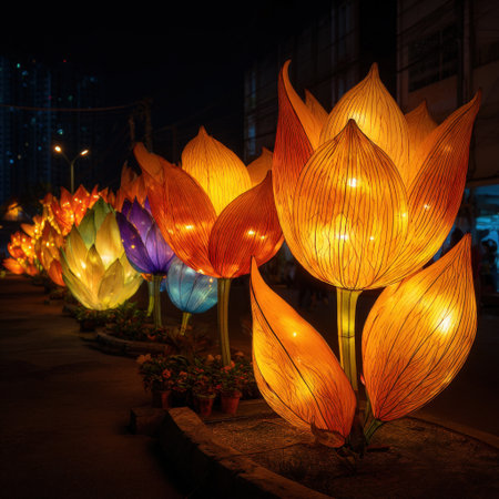 Row of various colored lotus flower lanterns glowing with warm light, creating an artistic display along a street at night during a cultural celebrationの素材