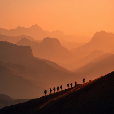 Group of hikers silhouetted against a vibrant orange sunset, ascending a mountain ridge, illustrating teamwork, challenge, and adventure in a vast landscapeの素材