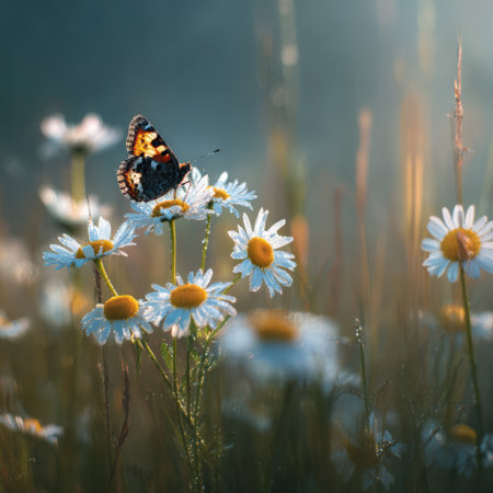 Butterfly with patterned wings resting on white daisy flowers in a morning field, showing dew drops glistening on petals and a soft, natural backgroundの素材