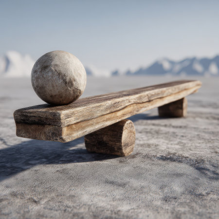 Rough stone sphere balancing perfectly on a rustic wooden plank, supported by a wooden cylinder, symbolizing equilibrium, stability, and harmony in a serene landscapeの素材