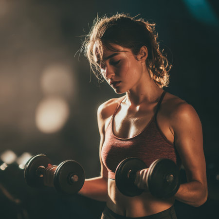 Woman performing bicep curls with dumbbells, focusing on her workout in a gym, highlighting strength, focus, and dedication during her fitness trainingの素材