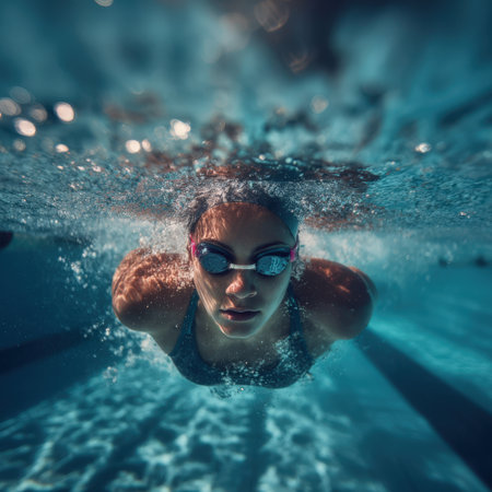Female athlete wearing swim cap and goggles swims underwater in a clear pool, showing focus and determination during her intense training session in a vibrant blue settingの素材