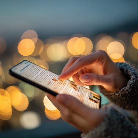 Person's hands holding a modern smartphone, scrolling through news articles and reading information with glowing screen light at night, with blurred city lights creating a bokeh backgroundの素材