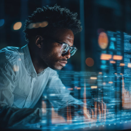 Young man wearing optical glasses is seriously working on a glowing virtual interface with data visualizations, charts, and graphs in a dark office at night, representing complex business analysisの素材