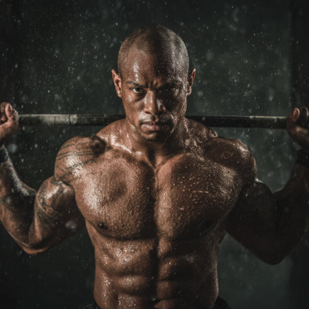 Muscular bald man shirtless and wet, intensely weightlifting a barbell on his shoulders, demonstrating strength, determination, and focus during a strenuous workout in a dark environmentの素材