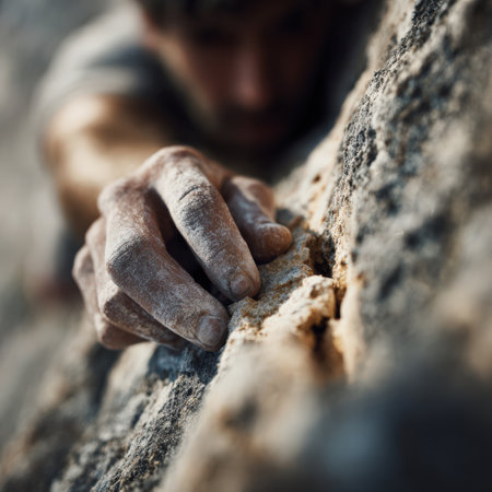 Athlete's hand, covered in chalk, tightly gripping a rough rock surface, representing strength, determination, and the physical challenge of outdoor bouldering or climbingの素材