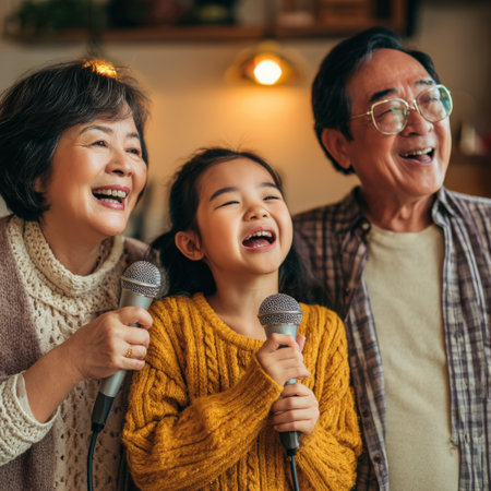 Happy Asian family, including an older woman, an older man, and a young girl, celebrating togetherness and leisure time by singing karaoke with microphonesの素材