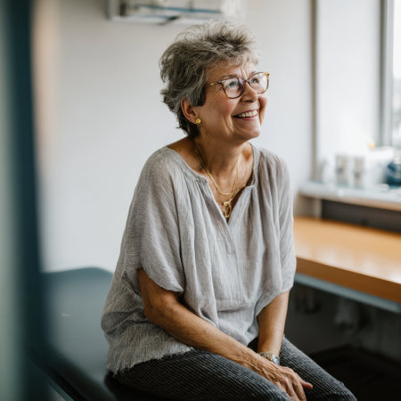Senior woman is confidently smiling and looking away while sitting on an examination table, waiting for a general check-up in a medical office, symbolizing active aging and healthの素材
