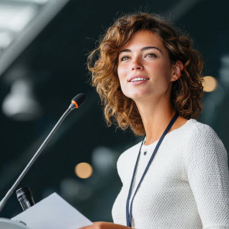 Woman speaker confidently presenting at a business conference, holding papers and looking up while speaking into a microphone, sharing ideas with an audienceの素材