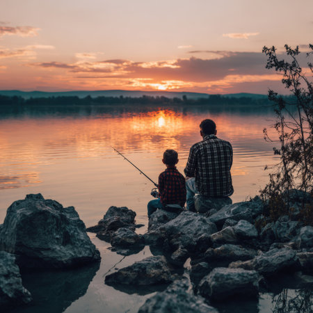 Father and son sitting by the lake, enjoying a peaceful moment together fishing during a beautiful sunset, sharing a special family connection and creating lasting memoriesの素材