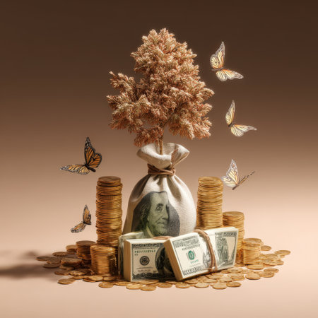 Money tree growing from a dollar bag, surrounded by stacks of gold coins, bundles of cash, and flying butterflies, symbolizing successful investment and prosperityの素材
