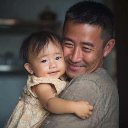 Asian father joyfully embracing his adorable baby daughter, both smiling and sharing a tender moment of family love and happiness, symbolizing parenthood and connectionの素材