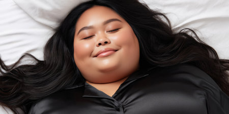 Plus size Asian woman resting comfortably in clean white bed, wearing black pajamas and peacefully smiling with closed eyes, enjoying a deep relaxed sleepの素材