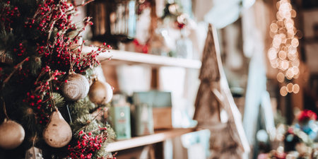 Evergreen branches adorned with festive red berries and unique wooden ornaments creating a cozy holiday atmosphere with blurred background elements and warm bokeh lightsの素材