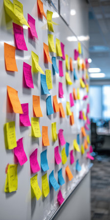 Colorful sticky notes cover a whiteboard, capturing a lively brainstorming and planning session for collaboration, idea generation, project workflow and creative problem solvingの素材